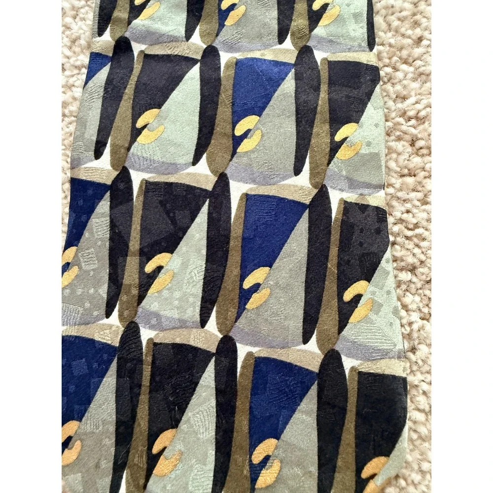 J. Riggins Hunting Horn Tie Mens OS Blue Green Gold Geometric Abstract Silk USA